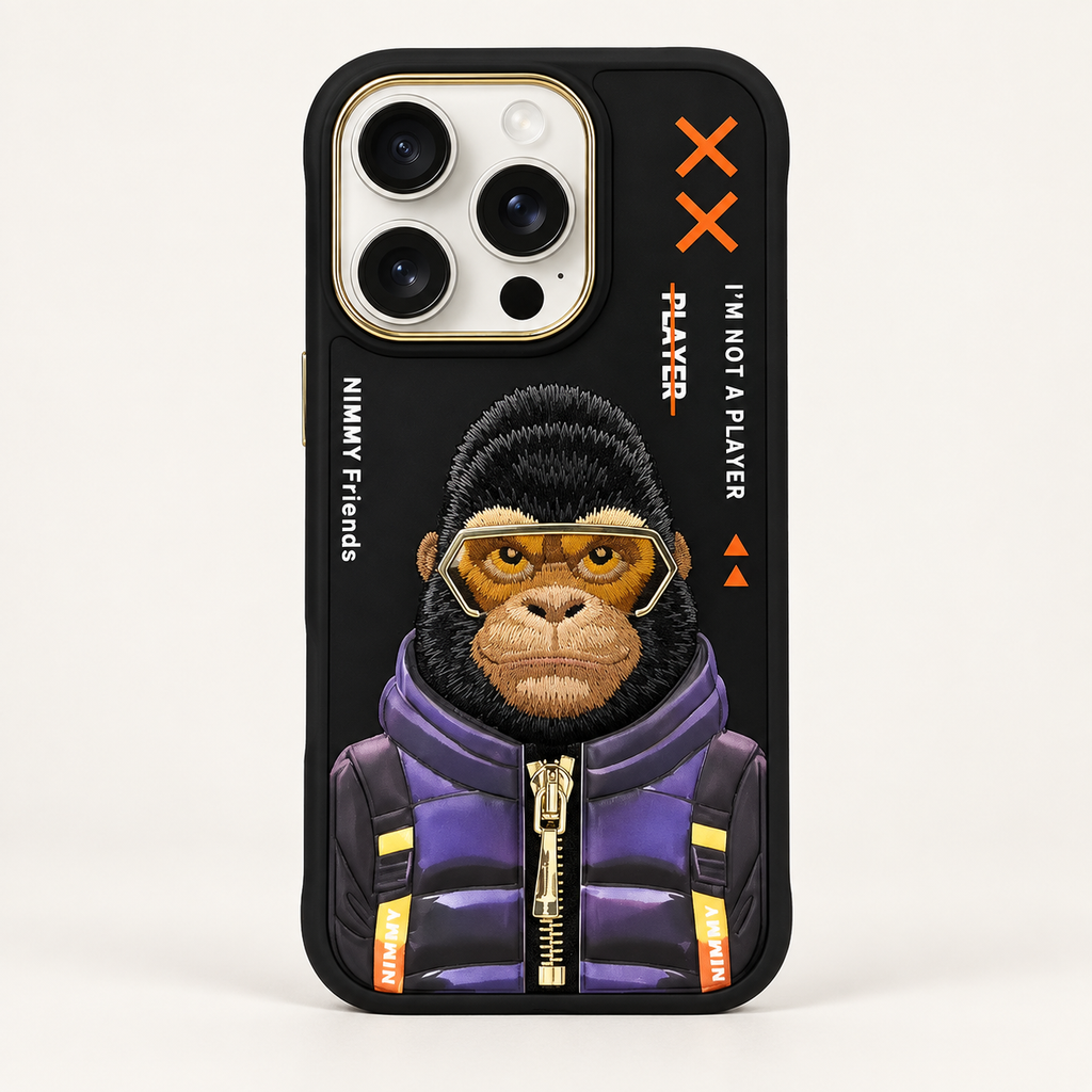 NIMMY Friends 3D Monkey iPhone case in Black Diamond — rear studio view