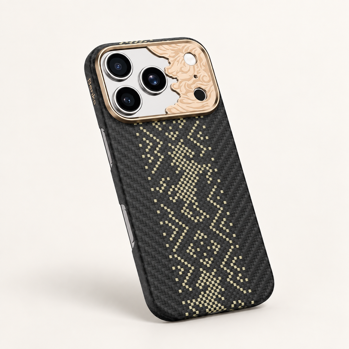 Black dragon pattern case — angled studio view