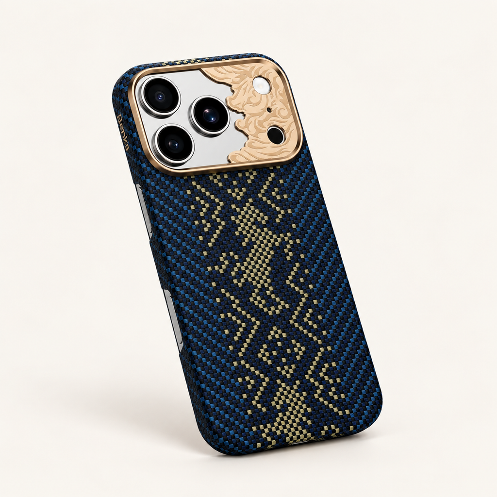 Blue dragon pattern case — angled studio view