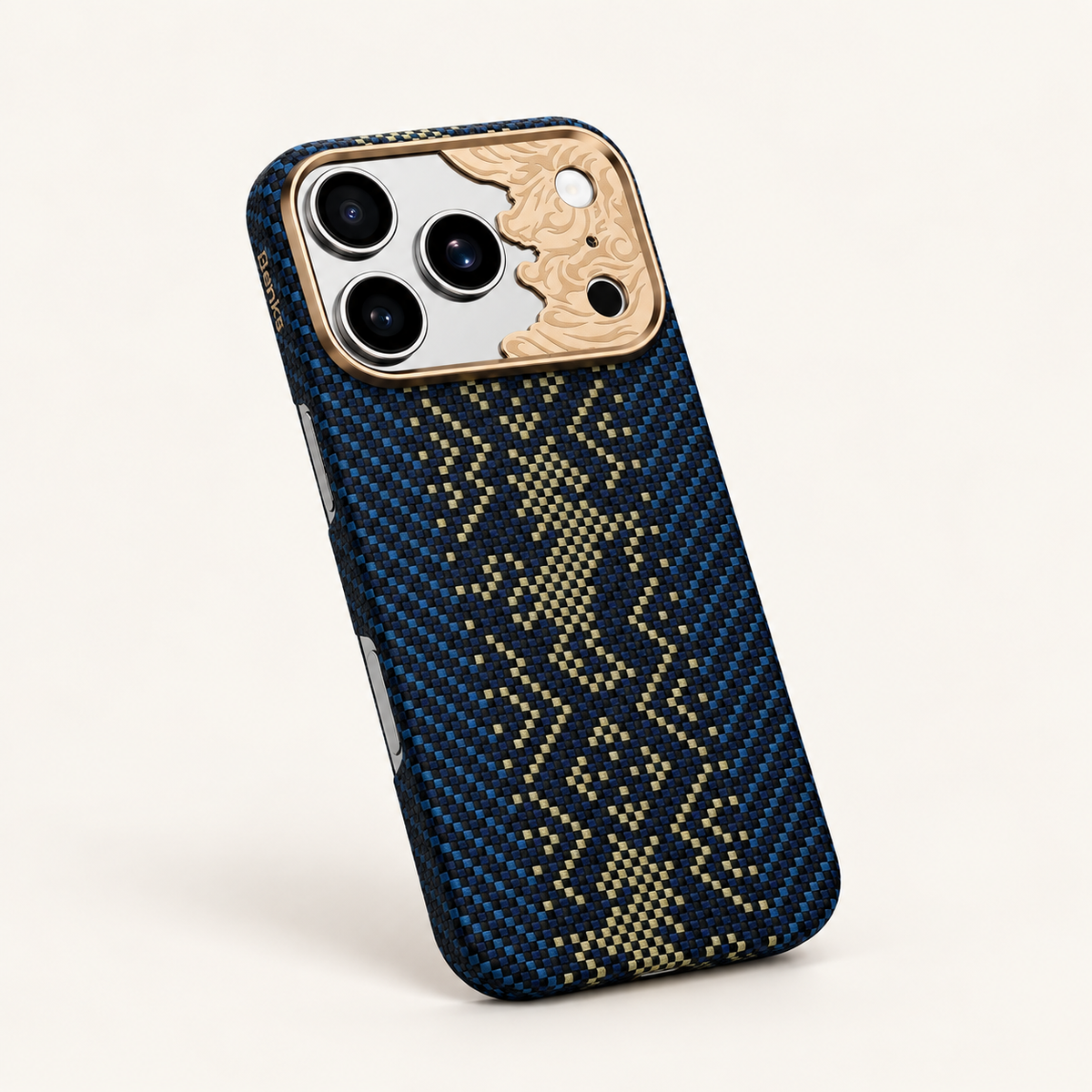 Blue dragon pattern case — angled studio view