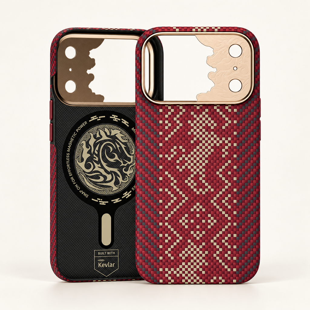 Red dragon pattern case — exterior and interior views