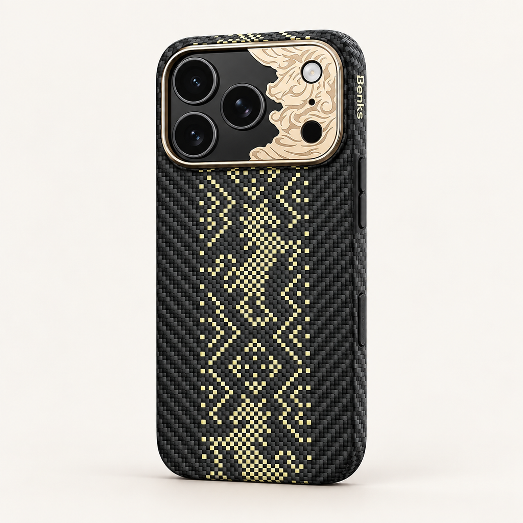 Black dragon pattern iPhone case — studio rear view