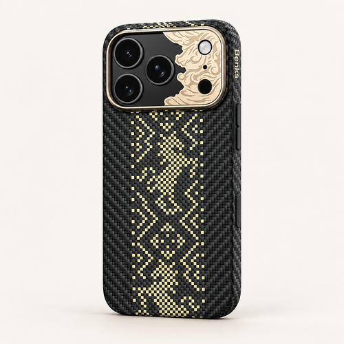 Black dragon pattern iPhone case — studio rear view