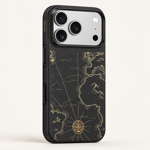 Navigator magnetic iPhone case — black woven map design with gold details