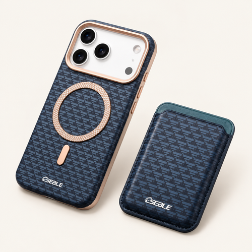 Blue patterned magnetic iPhone case with detachable matching card holder