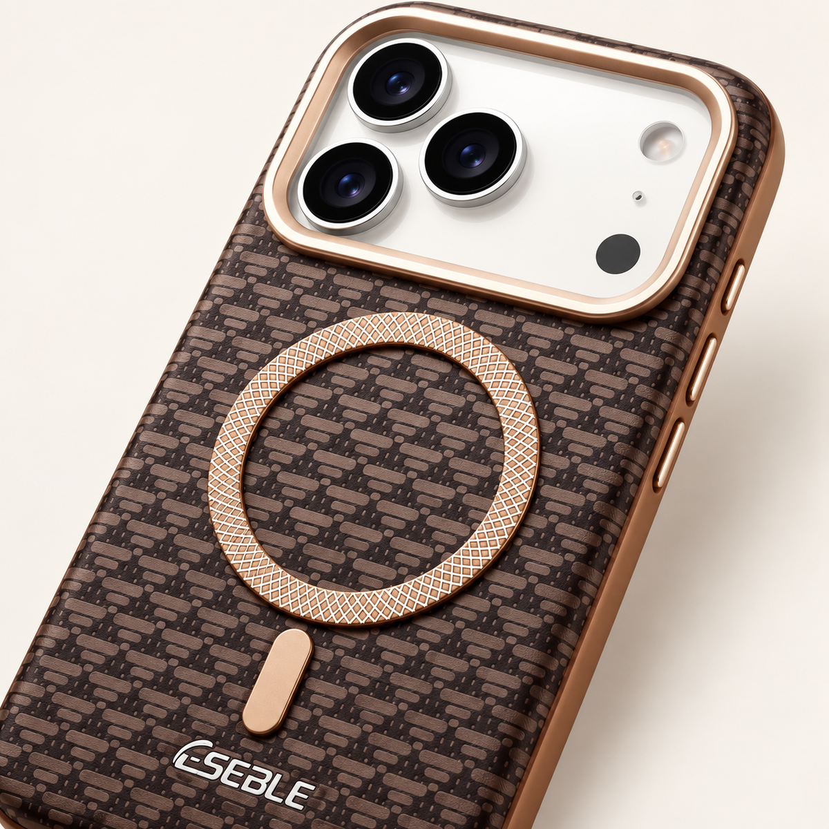 Close-up of patterned Coffee case and rose-gold camera surround